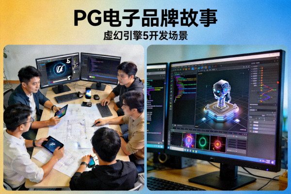 PG电子品牌故事展示图，包含团队协作与虚幻引擎5开发场景
